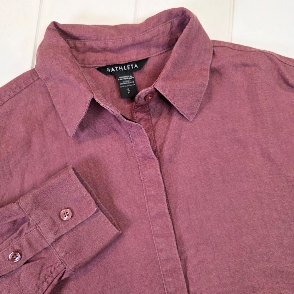 Athleta Women's S Playa 100% Linen Button‎ Down Tawny Rose Relaxed Long Sleeve